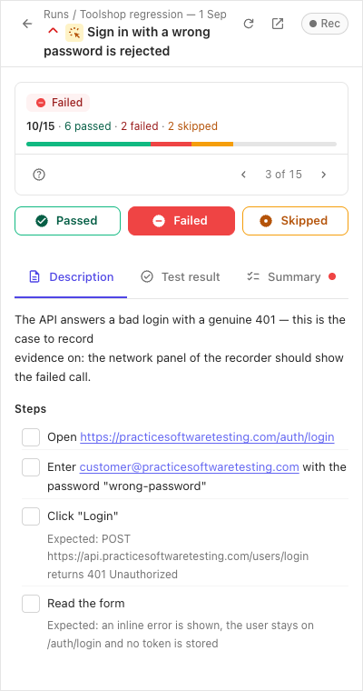 A failed test open: steps, statuses, the result